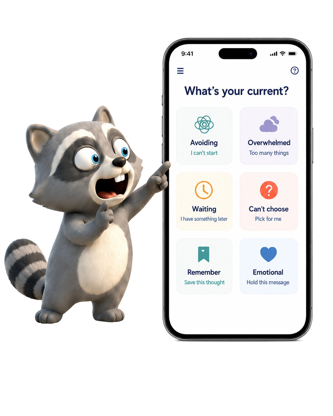 Eddy the raccoon next to the EddyHD app showing current state options